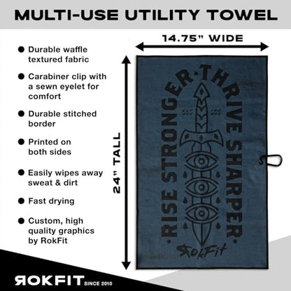 RokFit Gym & Golf Towel – Multi-Use, Quick-Dry, Durable Utility Towel with Bold Graphic and Carabiner Clip (Rise Stronger, Thrive Sharper) - color: Rise Stonger, Thrive Sharper
