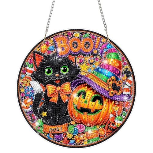 Boo Pumpkin and Cat Halloween Diamond Art Painting Kits for Adults Beginners Hanging Pendant, DIY 5D Special Shaped Diamond Painting Kits Ornament for Gift Home Wall Door Decor 8×8 Inch, Halloween - color: XSL067
