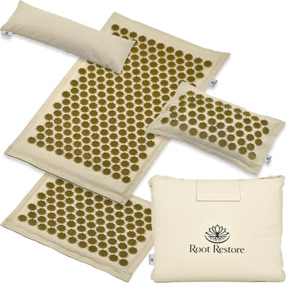 Acupressure Mat and Pillow Set — 4 Piece Full Body Set — Natural Linen & Coconut Fiber — Back Neck Pain Relief, Muscle Relaxation, Stress Relief — Includes Carry Bag
