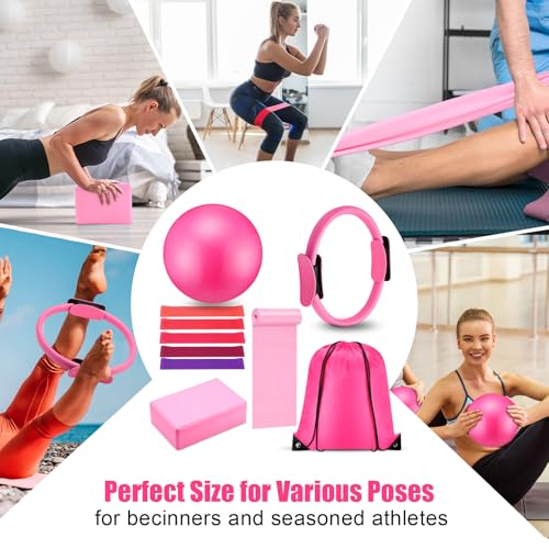 Silipull 10 Pcs Pilates Ring Blocks Set for Women Home Yoga Equipment Accessories Pilates Ring Circle and Ball Workouts Gift Include Ball Yoga Circle Resistance Bands Block Straps Gym Bag - color: Pink