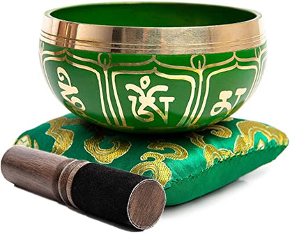 Tibetan Singing Bowl Set - Authentic Handcrafted Mindfulness Meditation Holistic Sound 7 Chakra Healing by Himalayan Bazaar (Emerald) - color: Emerald Green