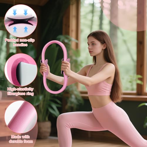 Pilates Ring Set with Resistance Bands– Anti-Slip Magic Circle Pilates Ring for Home Workouts, Full-Body Toning, Strength Training for Women 14PCS - color: Pink