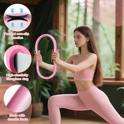Pilates Ring Set with Resistance Bands– Anti-Slip Magic Circle Pilates Ring for Home Workouts, Full-Body Toning, Strength Training for Women 14PCS - color: Pink