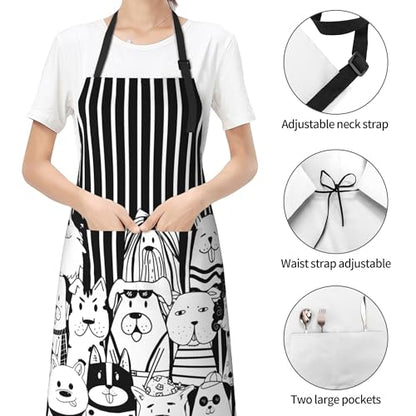 Art Apron with Pocket for Women Men | Kitchen Aprons Chef Apron for Cooking Baking BBQ Painting Gardening - color: Black Dogs With Stripes