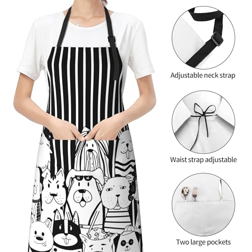 Art Apron with Pocket for Women Men | Kitchen Aprons Chef Apron for Cooking Baking BBQ Painting Gardening - color: Black Dogs With Stripes