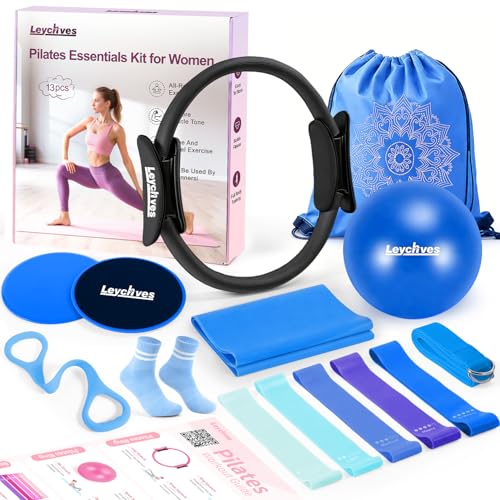 Home Pilates Essentials Kit for Women, Magic Circle Pilates Equipment Ring and Ball Set, Resistance Bands Workout Guide Video for 28 Day Pilates Challenge Starter Kit for Beginners - color: 12'' Ring – Blue