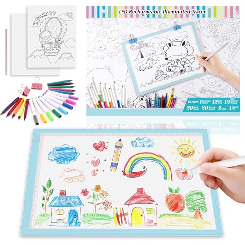 Light Up Tracing Board Kits Blue, 15" Writing Tracer Pad for Kids Ages 3-12, Drawing Tablet Supplies for Diamond Art Painting Accessories, Sketching Light Box Table for Boys Adults Holiday Gift Toys - style: 15" Kit Blue (Rechargeable)