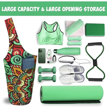 Yoga Mat Bag Carrier for Women with Side Large Pocket Durable Linen Workout Gym Travel Storage Pilates Mats - color: Ethnic Mandala