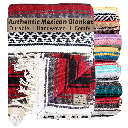 Del Mex Classic Mexican Blanket, Large Authentic Woven Falsa Throw (70"x50"), Artisan Southwest Décor for Beach, Yoga, Outdoors (Red) - color: Red