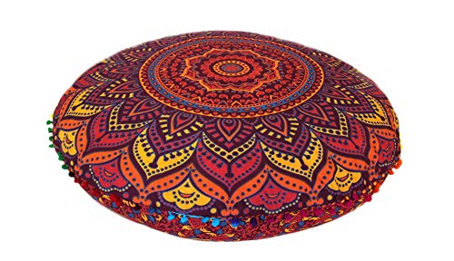 CRAFT KALA Large Hippie Floor Pillow Cover Mandala Meditation Cushion Case Pouf Cover Round Poufs Cover Bohemian Floor Cushion Cover Outdoor Fireplace Yoga Living Room Decor 32" New Orange Ombre - color: New Orange Ombre