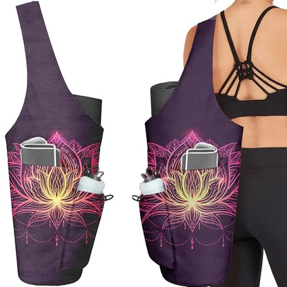Yoga Bag for Women, Large Yoga Mat Bag Tote Carrier with Wet Dry Pocket | Water Bottle Holder & Adjustable Strap, Fits 1/2" Thick Yoga Mat for Gym, Pilates, Travel, Work - color: Purple Lotus