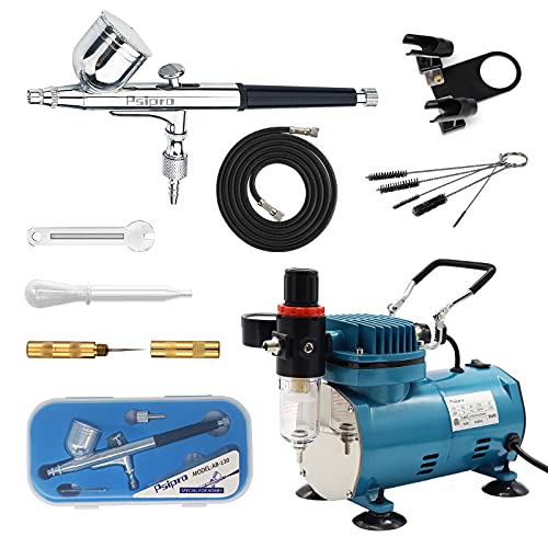 1/5HP Quiet Airbrush Compressor Kit – Dual-Action Gravity Airbrush with Holder, 5 Cleaning Brushes, 1 Reamer & 6FT Hose for Model Painting, Tattoo, Makeup