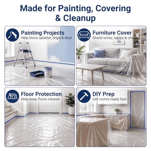 VICMORE Clear Plastic Drop Cloths 9 x 12 Ft, 1 Mil, 2 Pack | Two Clear PE Drop Cloths for Painting, Floor and Furniture Cover, Waterproof Barrier, Dust Control, and Easy Cleanup