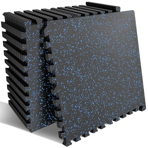 PRAISUN 0.6" Thicker Rubber Top 48 Sq Ft Gym Flooring for Home Gym | 12 Pcs Workout Mat, Exercise Mat, Interlocking Rubber Floor Mats with High Density EVA Foam for Garage, 24 x 24in, Black/Blue - size: 12 Tiles (48 Sq Ft)