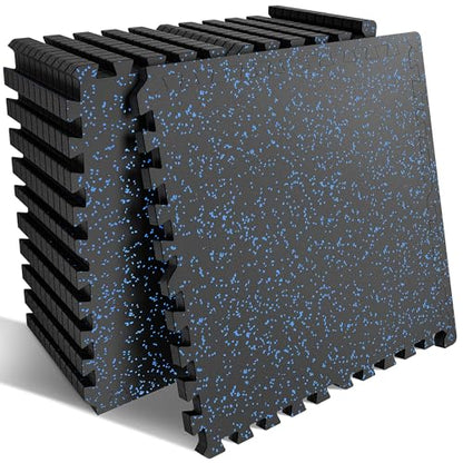 PRAISUN 0.6" Thicker Rubber Top 48 Sq Ft Gym Flooring for Home Gym | 12 Pcs Workout Mat, Exercise Mat, Interlocking Rubber Floor Mats with High Density EVA Foam for Garage, 24 x 24in, Black/Blue - size: 12 Tiles (48 Sq Ft)