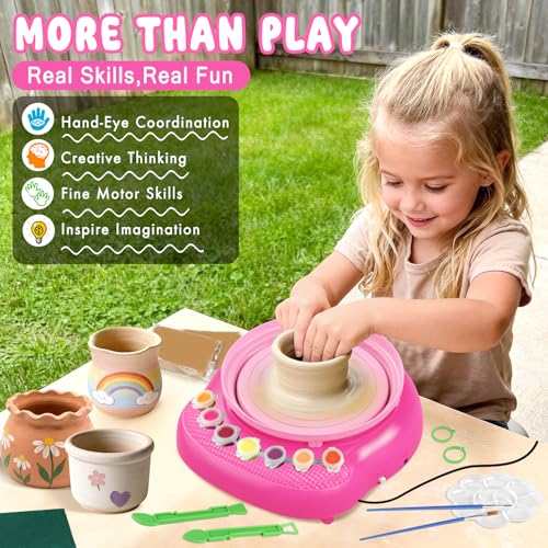 Weilim Pottery Wheel for Kids Beginners, Air-Dry Clay & Paint Kit Ages 6-12 | 3 Clay Packs, 14 Paint Colors, Sculpting Tools, Brushes, Palette,Apron; Gentle Beginner Spin, USB Rechargeable, No Oven - color: Pink