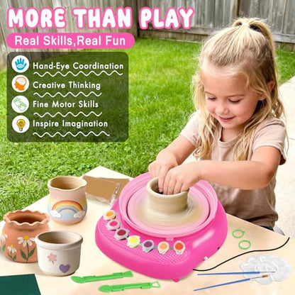 Weilim Pottery Wheel for Kids Beginners, Air-Dry Clay & Paint Kit Ages 6-12 | 3 Clay Packs, 14 Paint Colors, Sculpting Tools, Brushes, Palette,Apron; Gentle Beginner Spin, USB Rechargeable, No Oven - color: Pink
