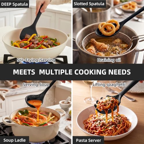 Kitchen Utensils Set,9 PCS Silicone Cooking Utensils Set Spatula Set,Non Toxic Cooking Utensils,Tongs,Spoon,Whisk,Brush,BPA Free Kitchen Gadgets for Non-Stick Cookware,Home Essential(Black-9P) - color: Black