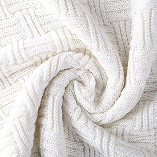 Large 100% Cotton Pure White Cable Knit Throw Blanket for Couch Sofa Bed with Bonus Laundering Bag – 60 x 80 Inches, 3.4 LB, Machine Washable, Comfortable Home Décor - color: Pure White, Stripe Pattern, size: 60"x80"