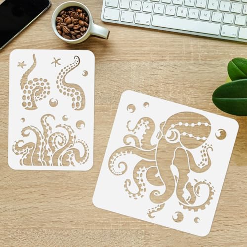 2pcs Octopus Ocean Animal Craft Art Stencils, Octopus Tentacles Plastic Reusable Stencils for Wood Burning, Sea Animal Paint Templates for Painting on Wall Wood Fabric Canvas Furniture Floor | 11.8" x 11.8" & A4 Plastic Craft Stencils, Octopus Wall Stenci