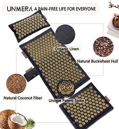 UNMERA Acupressure Mat and Pillow Set,Natural Linen & Coconut Fiber Filling | Back/Neck Pain Relief, Sciatic, Headache and Muscle Relaxation, Comes with Carrying Bag - color: Black
