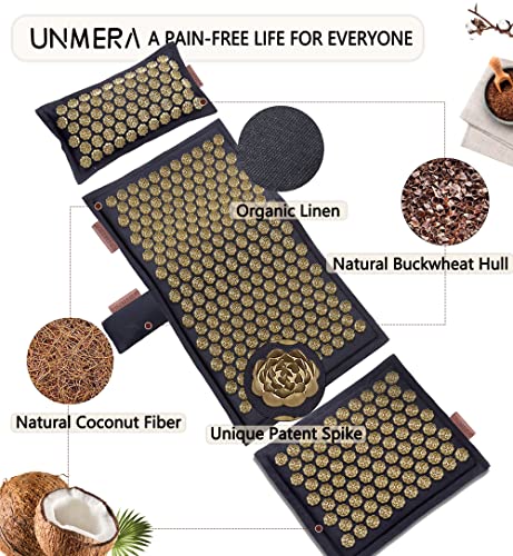 UNMERA Acupressure Mat and Pillow Set,Natural Linen & Coconut Fiber Filling - color: Black