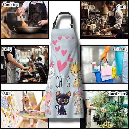 Chef Apron for Women Cute Cartoon Cats and Hearts Mans Aprons for Grilling for Kitchen Cooking Restaurant BBQ Painting Crafting 27” (W) x 31” (H), Waterproof Apron - color: Cats and Hearts