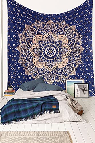Rajsee Blue Gold Mandala Tapestry - Bedroom Aesthetic - Indie Boho Trippy Large Wall Hanging - 82x92 Inches - color: Blue and Gold, size: 92"L x 82"W