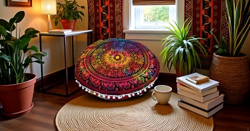 ICC Large Round seat Floor Cushion Chair Ottoman Cover Pouf Pillow Meditation Floor Cushions Cases Seating Ottoman Throw Covers Craft Room Furniture for Sitting Cover Multi 4 Fool 32" Round - size: 32" x 32" (Pack of 1), style: Multi 4 fool