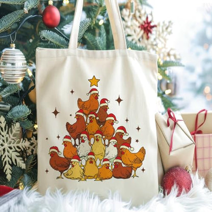 Kazova Merry Cluckin Tote Bag Funny Christmas Chicken Tote Bag for Women Xmas Holiday Canvas Handbag with Long Handles Reusable Grocery Shopping Beach Cotton Handbag - color: Cluckin