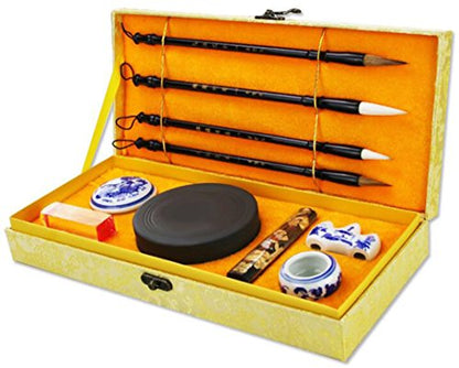 10 PCS Chinese Calligraphy Set Inkstone + Writing and Painting Brush + Ink Block + Seal + Inkpad + Pen Rack + Water Bowl (Basic)