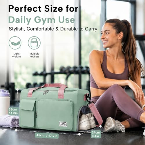 FIORETTO Women's Gym Duffle Bag with Shoes Compartment, 30L Capacity, Ideal for Travel, Gym, Sports, Duffel, Weekender - color: Green & Pink, style: Gym Bag