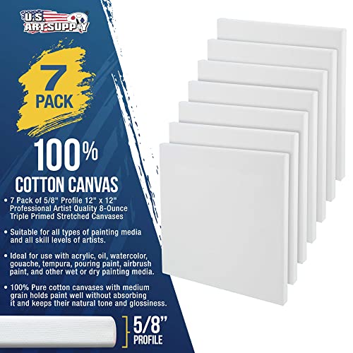 U.S. Art Supply 12" x12" Stretched Canvas for Painting Super Value 7-Pack - Triple Primed Professional Artist Quality White Blank 5/8" Profile, 100% Cotton, Heavy-Weight Gesso - Acrylic Pouring, Oil - size: 12" x 12"