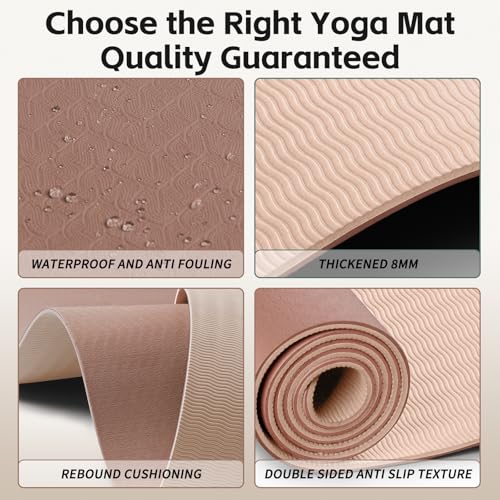PAIDU Yoga Mat 8mm TPE Non‑Slip Fitness Mat with Strap for Home Workouts - color: 브라운&살구
