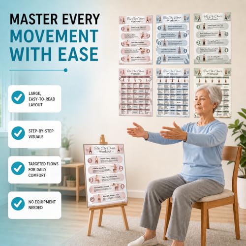Tai Chi Chair Workout Chart Poster Set, 6-Piece Canvas Prints, Seated Chair Tai Chi Exercises for Seniors & Beginners, 30-Day Workout Charts, Easy-to-Read Wall Art | Unframed (12" L x 16" W) - size: 12"L x 16"W