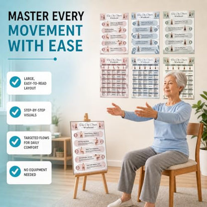Tai Chi Chair Workout Chart Poster Set, 6-Piece Canvas Prints, Seated Chair Tai Chi Exercises for Seniors & Beginners, 30-Day Workout Charts, Easy-to-Read Wall Art | Unframed (12" L x 16" W) - size: 12"L x 16"W