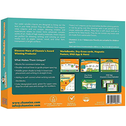 Channie's 3 in 1 Water Soluble Crayons for Kids: Wax Crayons, Color Pencils & Water Color, With Free Paint Brush & Sharpener, Paint on Any Smooth Surface, 12 Color Set
