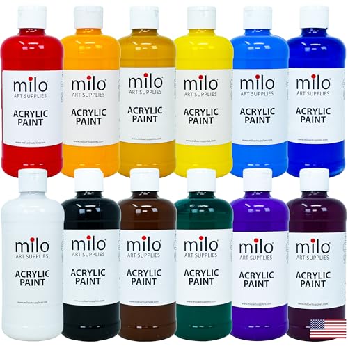 milo Acrylic Paint Set, 12 Primary Colors, 16 oz Bottles, Semi-Gloss | Safe, Non-Toxic, Made in the USA, Arts & Crafts Paints for Artists, Student & Hobby Painters, Paint Pack, Classroom, Bulk - style: Primary Set 12 x 16 oz