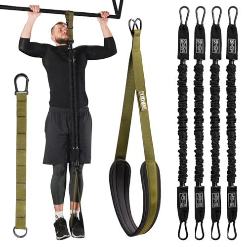 Pull Up Assistance Bands Set with 4 Levels, Adjustable Strap and Foot Rest | 50–200 lb stackable pull-up assistance, nylon-sleeved bands, adjustable support, reduced snap-back risk - color: Military Green