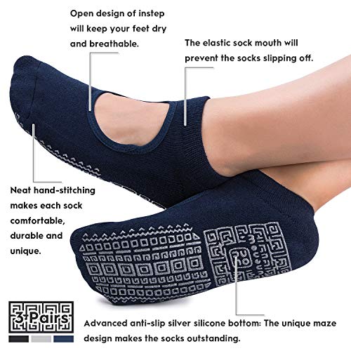 Non Slip Grip Yoga Socks for Women with Cushion for Pilates, Barre, Home - color: 3 Pairs-black/Navy/Grey