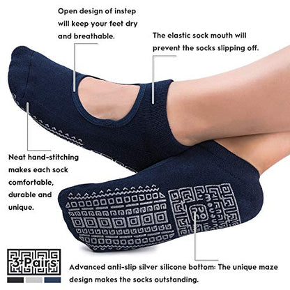 Non Slip Grip Yoga Socks for Women with Cushion for Pilates, Barre, Home - color: 3 Pairs-black/Navy/Grey