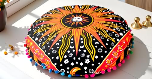 CRAFT KALA Boho Large Floor Pillow Pouf Cover Mandala Meditation Room Pillow Cover for Adults Round Bohemian Seating Pouf Cushion Cover for Kids Playroom 22" Orange Burning Sun - color: Orange, size: 22" x 22" (Pack of 1)