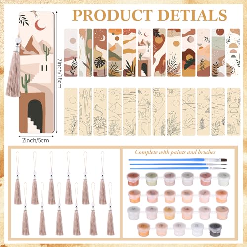 Kosiz 12 Pcs Boho Paint by Number Kit for Adult Wood Bookmark | Mini Paint by Numbers Kit, Painting Decor, Tassels Blank Bookmarks, for Small DIY Craft Book Lovers Gift 7x2 '' - style: Boho