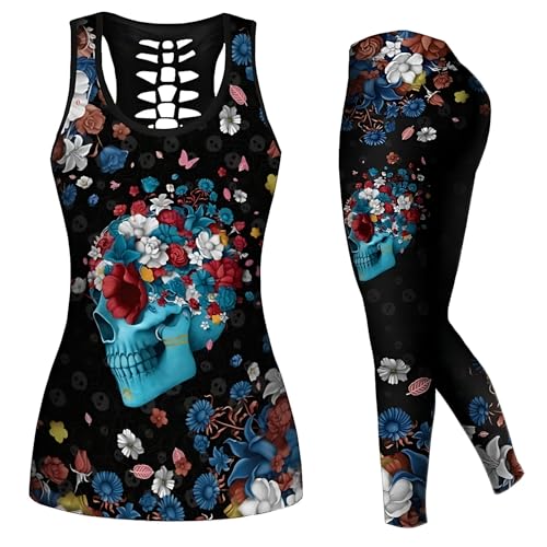 Women’s Sugar Skull Yoga Outfits for Women 2 Piece Sets, Summer Tank Tops Leggings Workout Activewear for Girls - color: Black, size: Medium