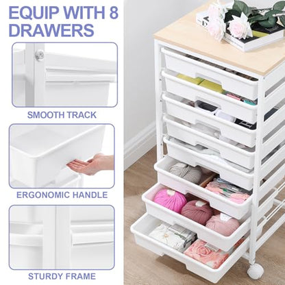 SYKIARIOL Rolling Storage Cart with Drawers, 8 Drawers Utility Cart,White - color: White