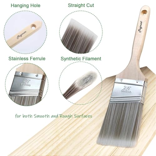 Magimate Wood Paint Brush Set, Angled Flat Assorted Stain Brushes Pack of 5 | Variety paint brushes 1.5" 2" 2.5" angled + 1" 2" flat; for baseboards fence window frame cabinet wood stain & wall touch-ups