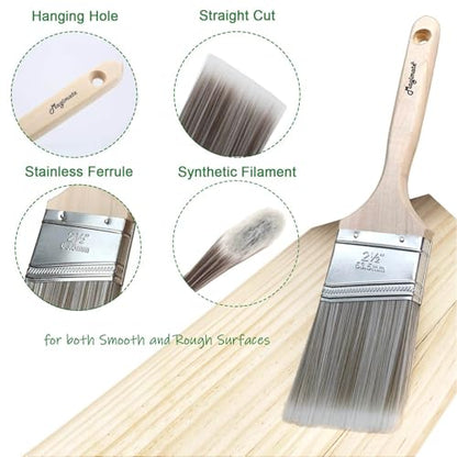 Magimate Wood Paint Brush Set, Angled Flat Assorted Stain Brushes Pack of 5 | Variety paint brushes 1.5" 2" 2.5" angled + 1" 2" flat; for baseboards fence window frame cabinet wood stain & wall touch-ups