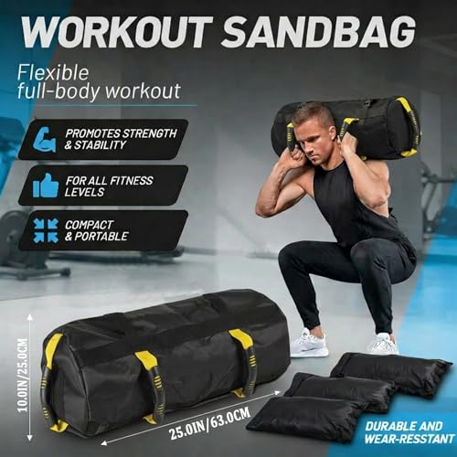 Taeku Fitness Sandbag with Handles, Adjustable Weight Training Bag | 1000D Oxford Fabric, Six Handles, Three Filler Bags, Adjustable Weight, Waterproof, Home Gym & MMA - color: Yellow