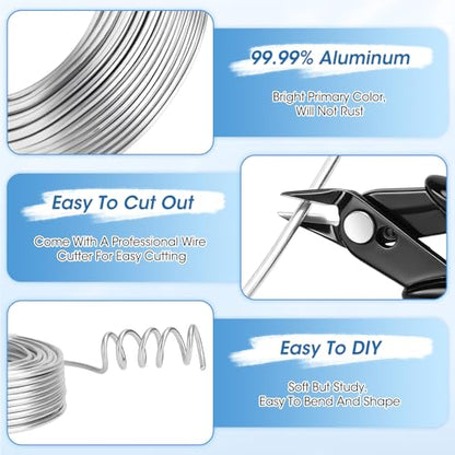 Modacraft 9 Gauge 3mm Silver Aluminum Craft Wire, 55FT with Flush Cutter | 3mm Flexible silver aluminum wire ideal for armature sculpting, jewelry, bonsai, doll making and DIY handmade crafts - color: Silver, size: 9 Gauge