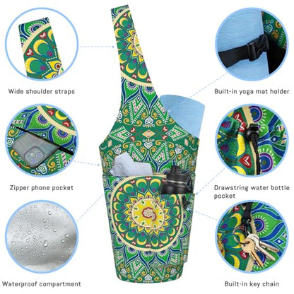 Mandala Yoga Mat Bag with Large Waterproof Zipper Pocket and Drawstring Pocket Long Tote Yoga Mat Carrier Holder Bags Fit Most Size Mats - color: Green